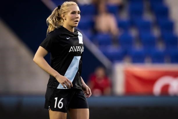 Allie Long of NJ//NY Gotham FC looks on during the second half of the game against OL Reign at Red Bull Arena on June 5, 2021 in Harrison, New Jersey.