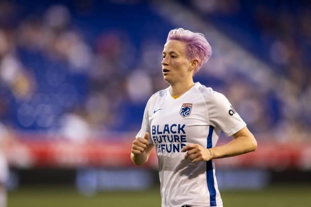 Megan Rapinoe of OL Reign runs down the pitch during the second half of the game against NJ/NY Gotham FC at Red Bull Arena on June 5, 2021 in...