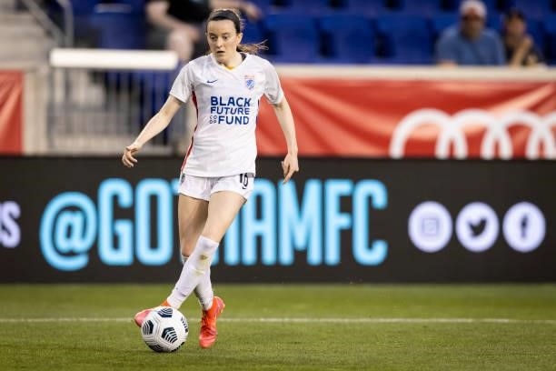 Rose Lavelle of OL Reign controls the ball during the second half of the game against NJ/NY Gotham FC at Red Bull Arena on June 5, 2021 in Harrison,...