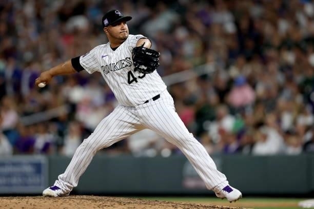 Pitcher Jhoulys Chacin of the Colorado Rockies throws against the Oakland Athletics in the sixth inning at Coors Field on June 05, 2021 in Denver,...