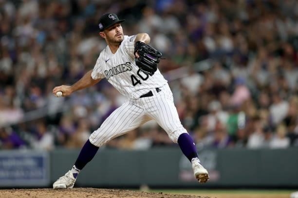 Pitcher Tyler Kinley of the Colorado Rockies throws against the Oakland Athletics in the ninth inning at Coors Field on June 05, 2021 in Denver,...