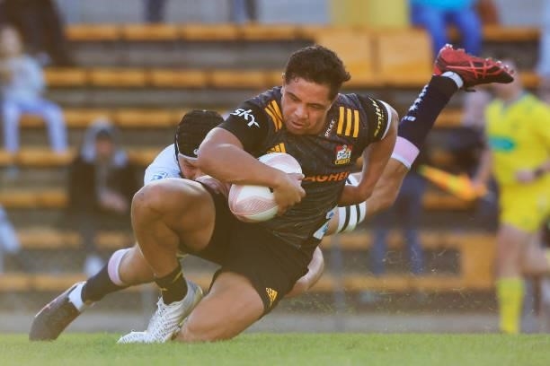 Anton Lienert-Brown of the Chiefs goes over to score his second try during the round four Super Rugby Trans-Tasman match between the Chiefs and the...
