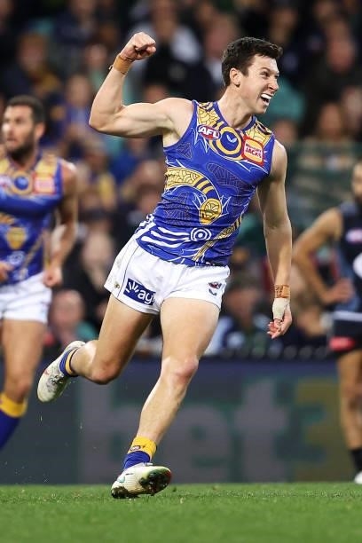 Xavier O'Neill of the Eagles celebrates kicking a goal during the round 12 AFL match between the Carlton Blues and the West Coast Eagles at Sydney...