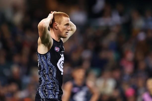 Matt Cottrell of the Blues looks dejected during the round 12 AFL match between the Carlton Blues and the West Coast Eagles at Sydney Cricket Ground...