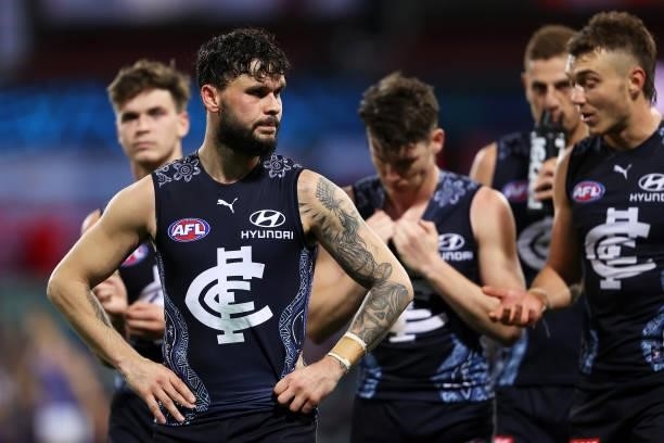 Zac Williams of the Blues looks dejected after defeat during the round 12 AFL match between the Carlton Blues and the West Coast Eagles at Sydney...