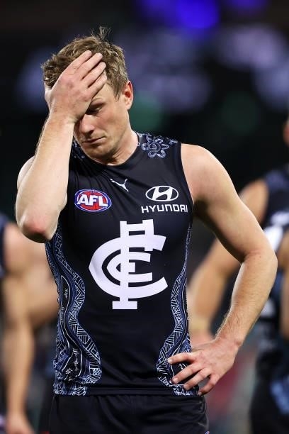 Jack Newnes of the Blues looks dejected after defeat during the round 12 AFL match between the Carlton Blues and the West Coast Eagles at Sydney...