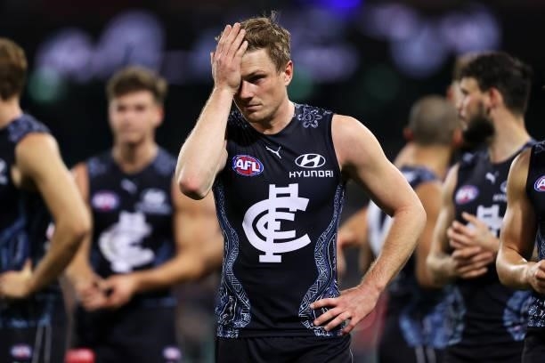 Jack Newnes of the Blues looks dejected after defeat during the round 12 AFL match between the Carlton Blues and the West Coast Eagles at Sydney...