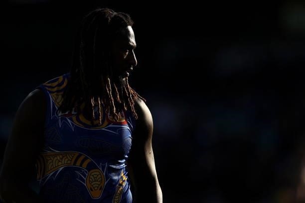 Nic Naitanui of the Eagles watches on during the warm-up before the round 12 AFL match between the Carlton Blues and the West Coast Eagles at Sydney...