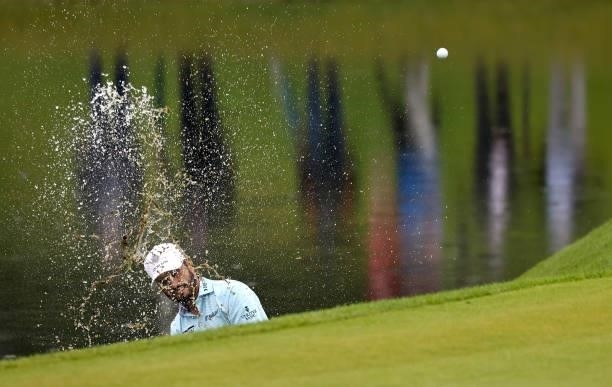 Abraham Ancer of Mexico plays his fourth shot on the 18th hole during the second round of The Porsche European Open at Green Eagle Golf Course on...