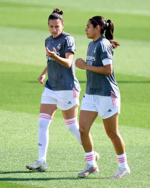 Kenti Robles and Anne Sophie Kaci of Real Madrid warm up prior to the Primera Iberdrola match between Real Madrid and Real Sociedad at Ciudad Real...