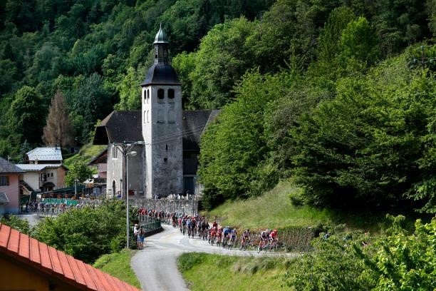 The Peloton at start passing through La Léchère-Les-Bains during the 73rd Critérium du Dauphiné 2021, Stage 8 a 147km stage from La Léchère-Les-Bains...