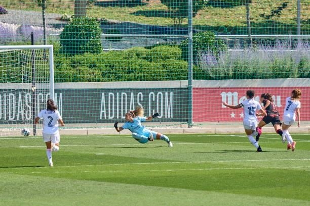 Amaiur Sarriegi of Real Sociedad scoring her team's first goal during the La Liga Smartbank match between Real Madrid women and Real Socidad women...