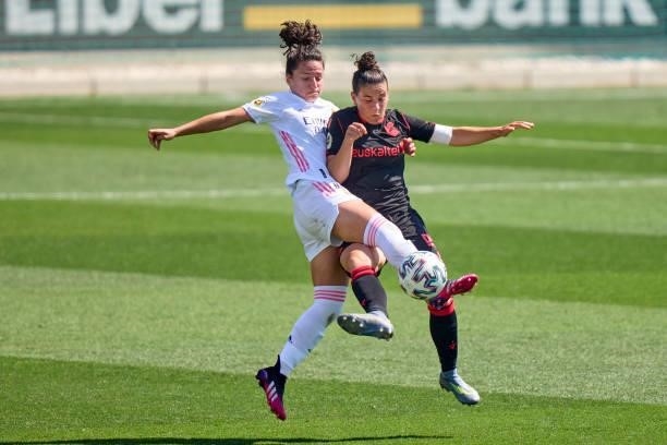 Ivana Andres of Real Madrid women battles for the ball with Leire Banos of Real Sociedad during the La Liga Smartbank match between Real Madrid women...