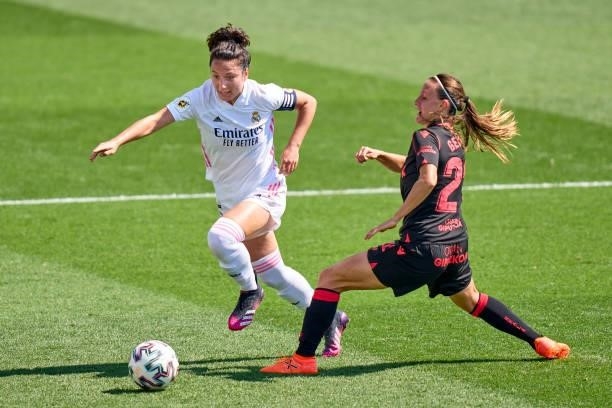 Ivana Andres of Real Madrid women battles for the ball with Iraia Iparraguirre of Real Sociedad during the La Liga Smartbank match between Real...