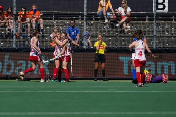 Sarah Evans of England and Ellie Rayer of England celebrate their team's first goal during the Euro Hockey Championships match between England and...