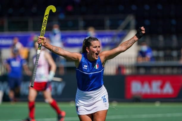 Pilar De Biase of Italy celebrating during the Euro Hockey Championships match between England and Italy at Wagener Stadion on June 6, 2021 in...