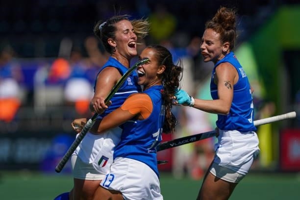 Pilar De Biase of Italy and Luciana Fernandez of Italy celebrating during the Euro Hockey Championships match between England and Italy at Wagener...