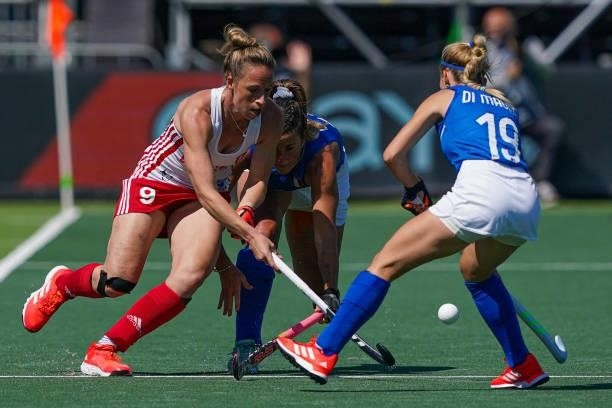 Susannah Townsend of England, Federica Carta of Italy, Eleonora di Mauro of Italy during the Euro Hockey Championships match between England and...
