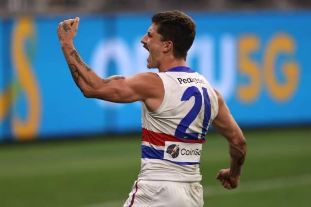 Tom Liberatore of the Bulldogs celebrates a goal during the round 12 AFL match between the Fremantle Dockers and the Western Bulldogs at Optus...