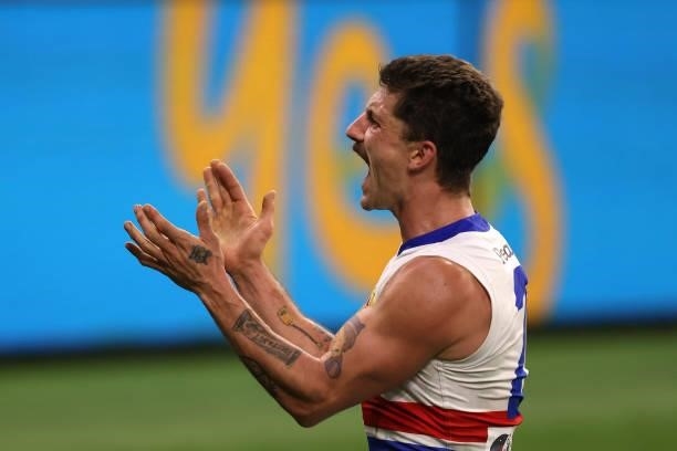 Tom Liberatore of the Bulldogs celebrates a goal during the round 12 AFL match between the Fremantle Dockers and the Western Bulldogs at Optus...