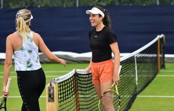 Johanna Konta of Australia and Katie Boulter of Great Britain takes part in a training session during day 2 of the Viking Open at Nottingham Tennis...