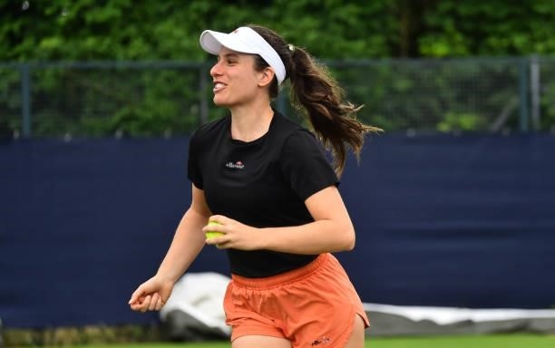 Johanna Konta of Australia takes part in a training session during day 2 of the Viking Open at Nottingham Tennis Centre on June 06, 2021 in...