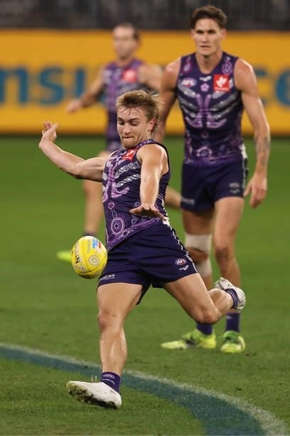 Mitchell Crowden of the Dockers in action during the round 12 AFL match between the Fremantle Dockers and the Western Bulldogs at Optus Stadium on...