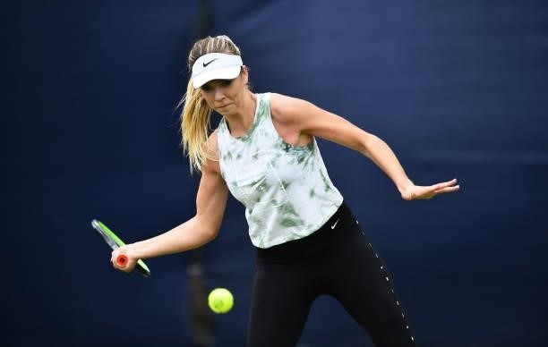 Katie Boulter of Great Britain takes part in a training session during day 2 of the Viking Open at Nottingham Tennis Centre on June 06, 2021 in...