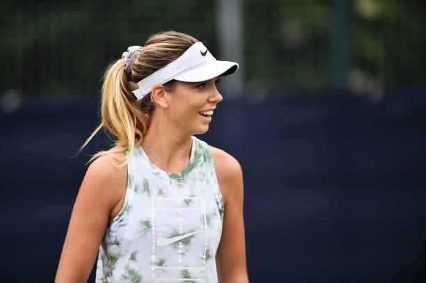 Katie Boulter of Great Britain takes part in a training session during day 2 of the Viking Open at Nottingham Tennis Centre on June 06, 2021 in...