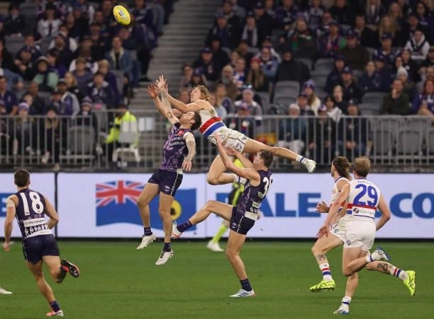 Aaron Naughton of the Bulldogs flys for a mark during the round 12 AFL match between the Fremantle Dockers and the Western Bulldogs at Optus Stadium...