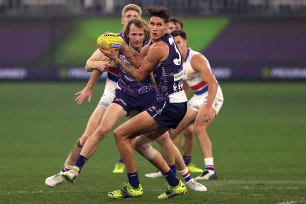 Rory Lobb of the Dockers in action during the round 12 AFL match between the Fremantle Dockers and the Western Bulldogs at Optus Stadium on June 06,...
