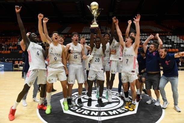 Players of U18 Real Madrid celebrates with Champio Trophy after the Adidas Next Generation Tournament Championship Game between U18 Real Madrid v U18...