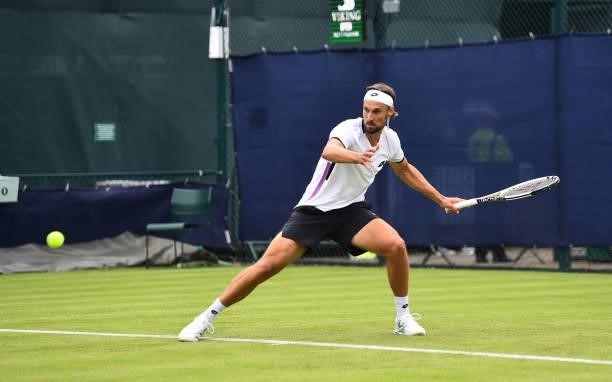 Ruben Bemelmans of Belgium takes part in a qualify match during day 2 of the Viking Open at Nottingham Tennis Centre on June 06, 2021 in Nottingham,...