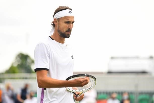 Ruben Bemelmans of Belgium looks on during a qualify match during day 2 of the Viking Open at Nottingham Tennis Centre on June 06, 2021 in...