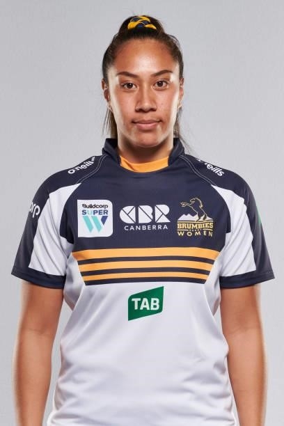 Siokapesi Palu poses for a photo during the ACT Brumbies Super W headshots session at BrumbiesHQ on June 05, 2021 in Canberra, Australia.