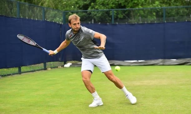 Dan Evans of Great Britain takes part in a training session during day 2 of the Viking Open at Nottingham Tennis Centre on June 06, 2021 in...