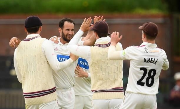 Lewis Gregory of Somerset celebrates after taking the wicket of Cameron Steel of Hampshire during Day Four of the LV= Insurance County Championship...