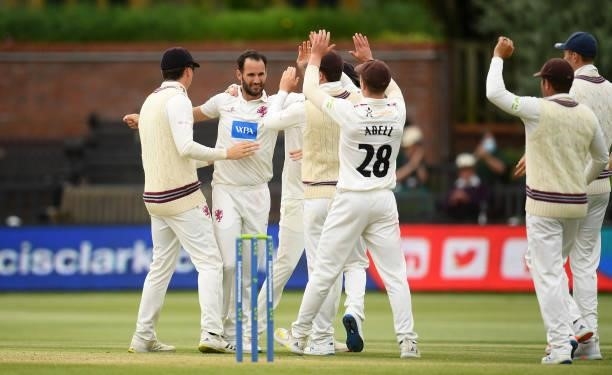 Lewis Gregory of Somerset celebrates after taking the wicket of Cameron Steel of Hampshire during Day Four of the LV= Insurance County Championship...