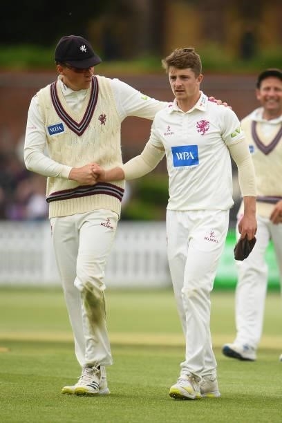 Tom Banton and Tom Abell of Somerset interact during Day Four of the LV= Insurance County Championship match between Somerset and Hampshire at The...