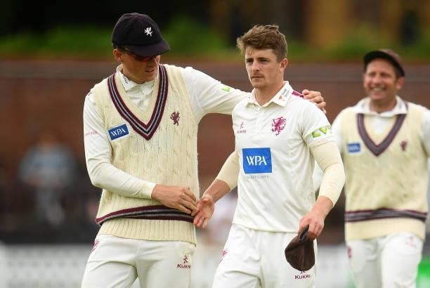Tom Banton and Tom Abell of Somerset interact during Day Four of the LV= Insurance County Championship match between Somerset and Hampshire at The...