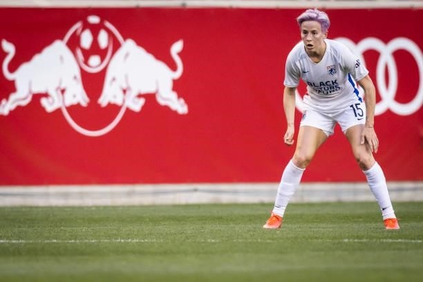 Megan Rapinoe of OL Reign studies the pitch during the first half of the match against NJ/NY Gotham FC at Red Bull Arena on June 5, 2021 in Harrison,...