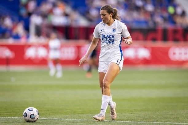 Sofia Huerta of OL Reign drives the ball down the pitch during the first half of the match against NJ/NY Gotham FC at Red Bull Arena on June 5, 2021...