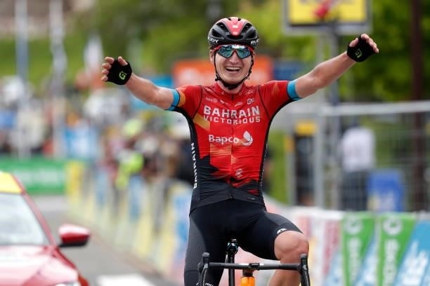 Mark Padun of Ukraine and Team Bahrain Victorious celebrates at arrival during the 73rd Critérium du Dauphiné 2021, Stage 8 a 147km stage from La...