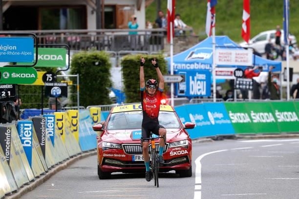 Mark Padun of Ukraine and Team Bahrain Victorious celebrates at arrival during the 73rd Critérium du Dauphiné 2021, Stage 8 a 147km stage from La...