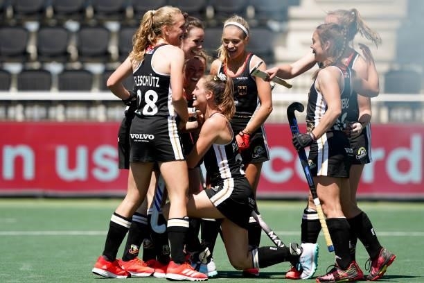 Germany scores first goal during the Euro Hockey Championships match between Germany and Belgium at Wagener Stadion on June 6, 2021 in Amstelveen,...
