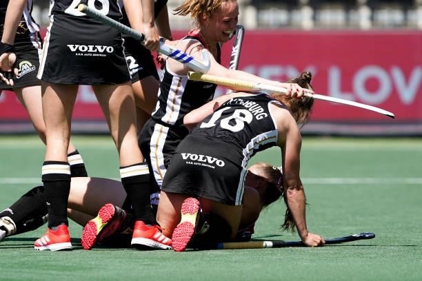 Germany scores first goal during the Euro Hockey Championships match between Germany and Belgium at Wagener Stadion on June 6, 2021 in Amstelveen,...