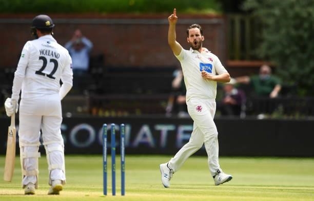 Lewis Gregory of Somerset celebrates after taking the wicket of Ian Holland of Hampshire during Day Four of the LV= Insurance County Championship...