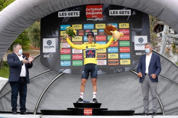 Richie Porte of Australia and Team INEOS Grenadiers Yellow Leader Jersey celebrates at podium during the 73rd Critérium du Dauphiné 2021, Stage 8 a...