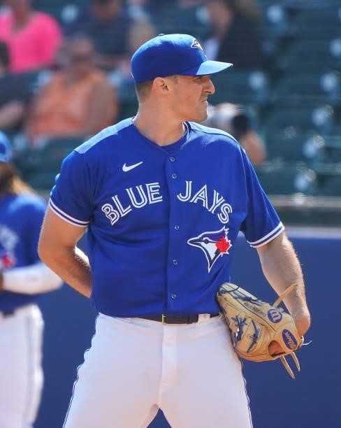 Ross Stripling of the Toronto Blue Jays during the game against the Houston Astros at Sahlen Field on June 5, 2021 in Buffalo, New York.