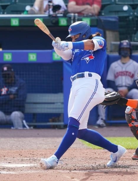 Bo Bichette of the Toronto Blue Jays bats during the game against the Houston Astros at Sahlen Field on June 5, 2021 in Buffalo, New York.